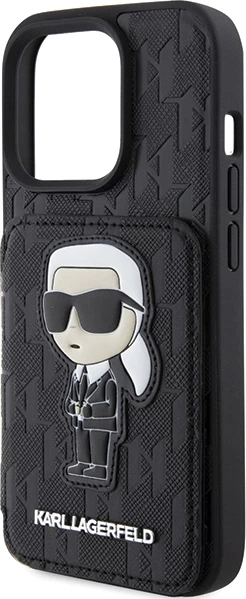 Mbështjellës Karl Lagerfeld Saffiano Cardslots & Stand Monogram Ikonik për iPhone 15 Pro, e zezë