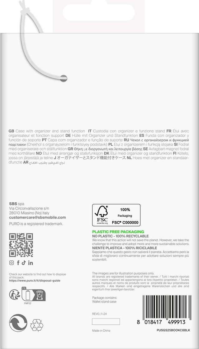 Mbështjellës Puro Booklet Case me flip dhe portofol për Samsung Galaxy S25, e zezë