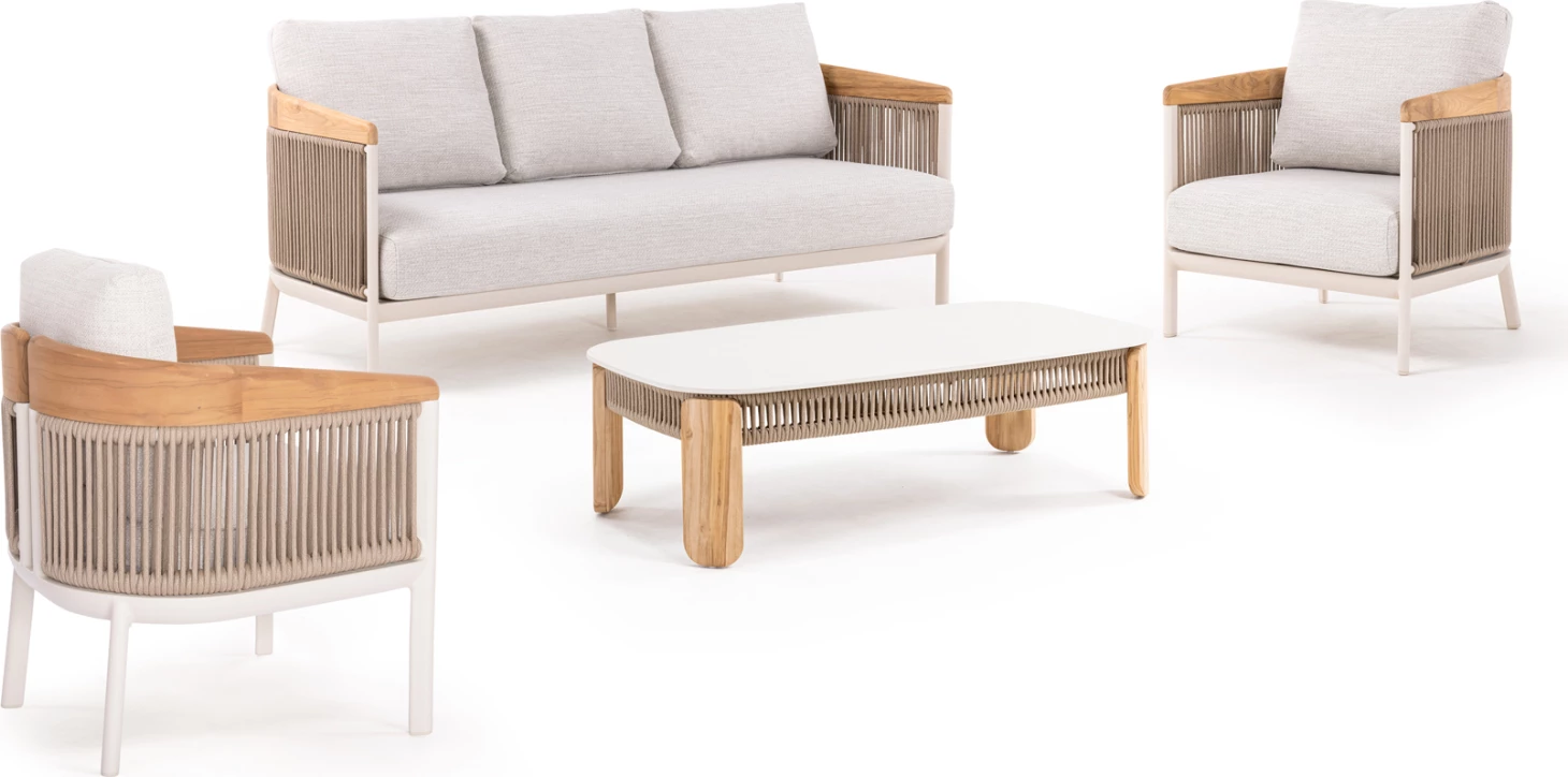 Set lounge për jashtë, 4 pjesë, ETHEREAL CD6165, alumin, litar, dru teak, gur i sinterizuar