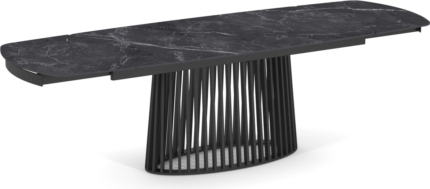 Tavolinë ngrënieje e zgjatshme, sipërfaqe qeramike, metal i zi, 180(40+40)x90x76cm