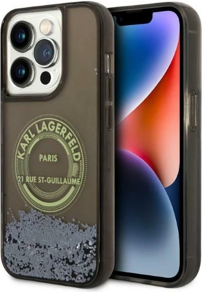 Mbështjellës Karl Lagerfeld Liquid Glitter RSG për iPhone 14 Pro, i zi