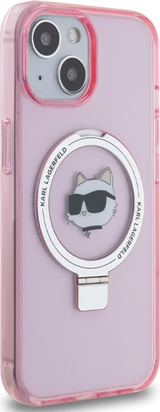 Mbështjellës Karl Lagerfeld KLHMP15SHMRSCHP për iPhone 15 6.1", hardcase me ring stand MagSafe, rozë