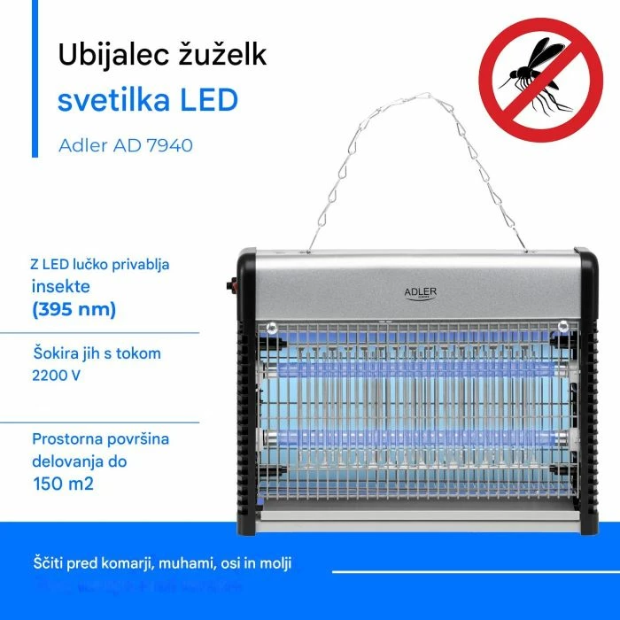 llambë insektesh ADLER AD7940 LED 9W, 2200V, deri 150 m², argjend/zezë, me zinxhir varëse