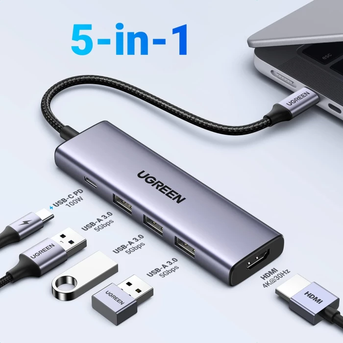 USB-C hub UGREEN 15596 5-në-1, 100W PD, HDMI 4K@30Hz, 3x USB-A 5Gbps, gri