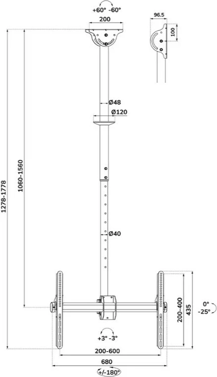 Mbajtës tavani për TV/monitor Neomounts CL35-440BL16L, 37-70 inç, 50 kg, i zi