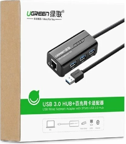 hub USB 3.0 UGREEN 20265 me 3x USB-A + RJ45 Gigabit Ethernet, e zezë, në kuti