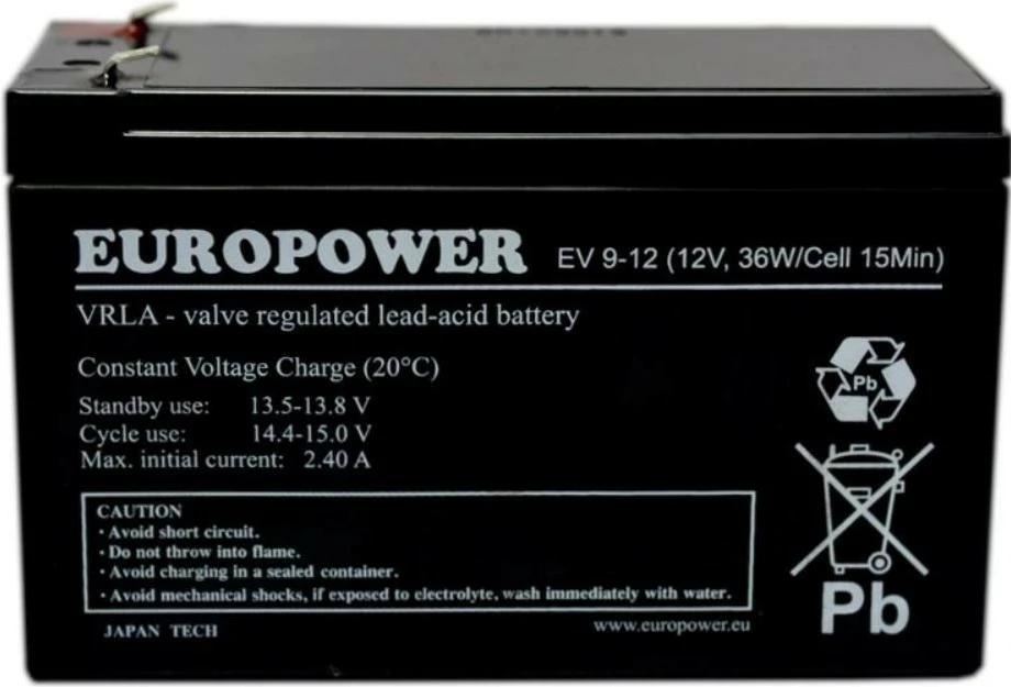 Bateri EuroPower EV 12-9, 12V, 9Ah, e zezë