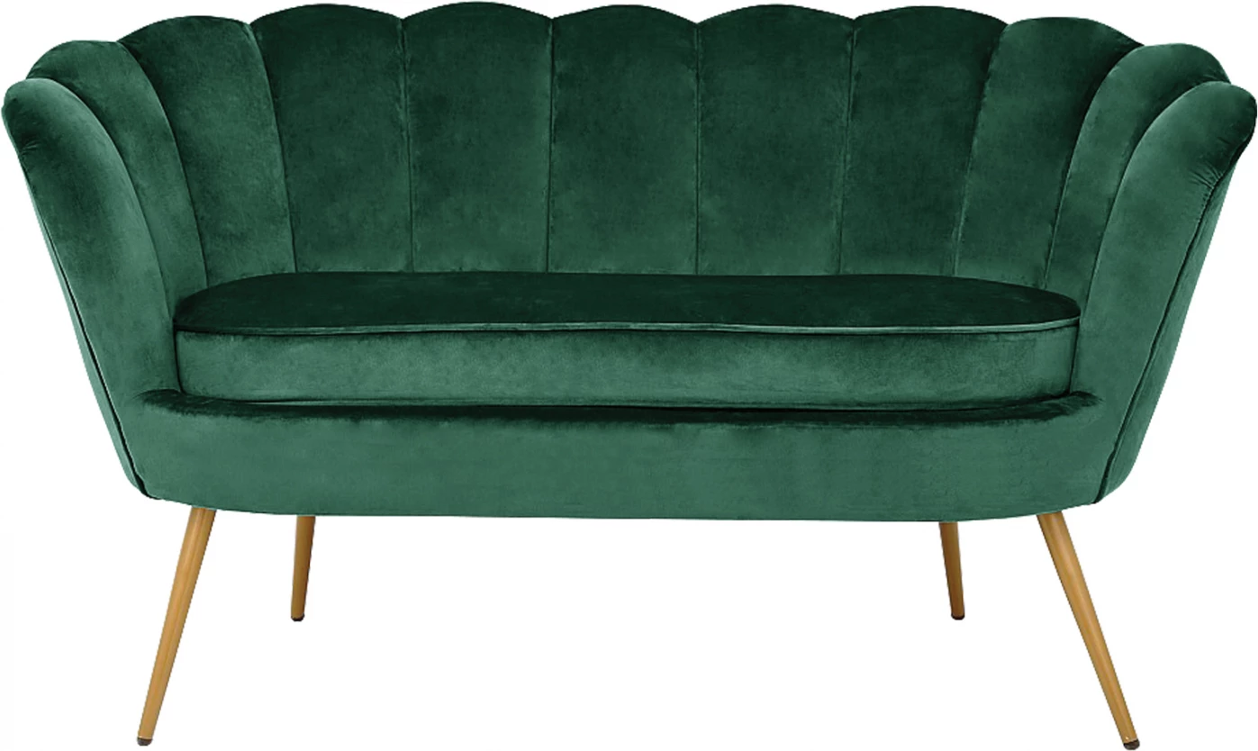 Divan 2 vendësh Coquille FH8627.03 prej kadifeje ngjyrë selvi me këmbë ari 130x77x83cm
