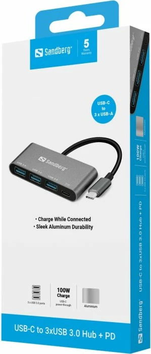 Hub USB-C SANDBERG 136-03, 3x USB 3.0 + USB-C PD deri 100W, gri alumin