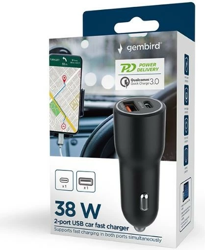 Karikues veture Gembird TA-UC-AC2PDQC38-CAR-01, 38W, USB-A/USB-C, i zi
