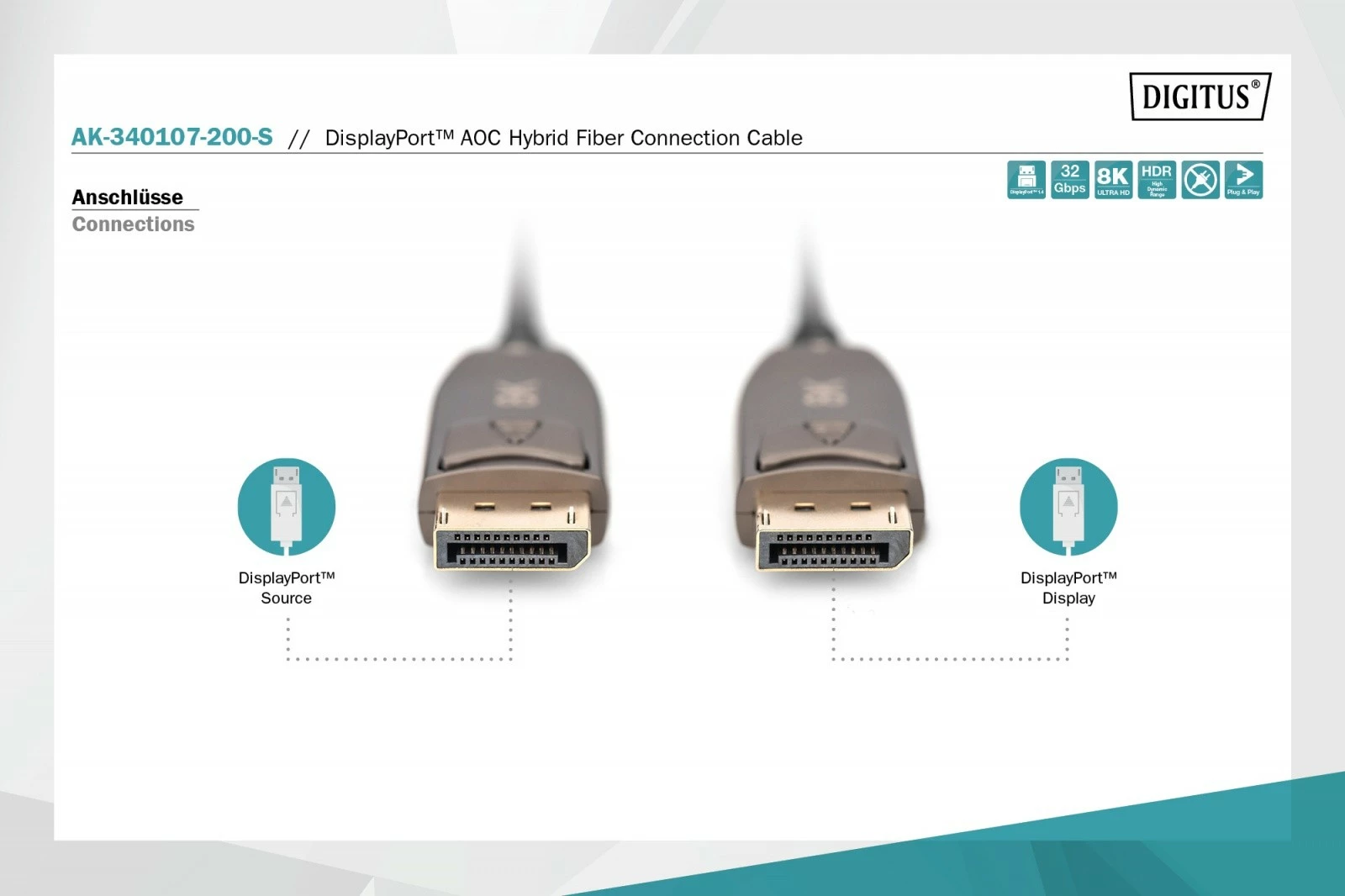 Kabllo DisplayPort Digitus AK-340107-200-S, Hybrid AOC, 20m, 8K/60Hz, e zezë