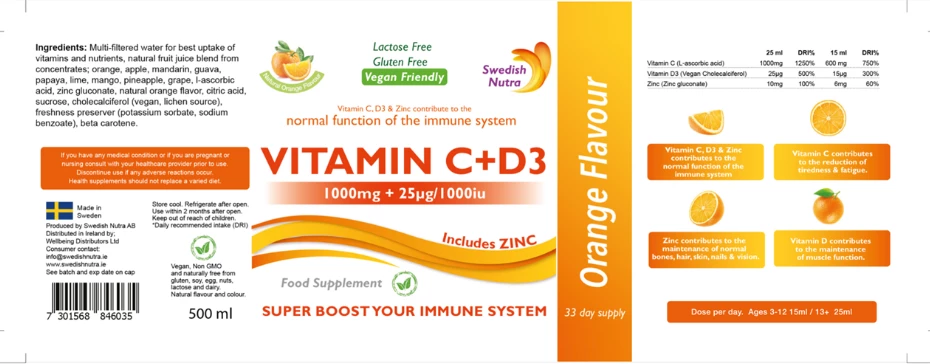Vitaminë C+D3 Swedish Nutra, 500ml