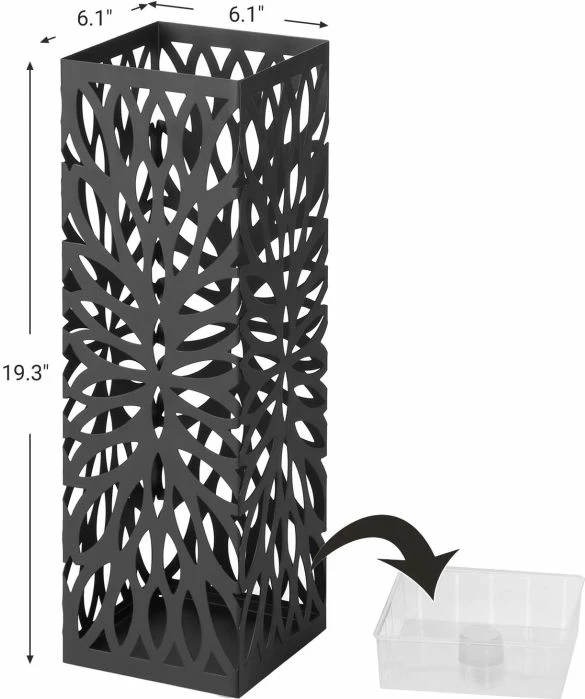 Mbajtës çadrash metalik SONGMICS LUC48B, me grepë dhe tabaka pikimi, 49 cm, i zi, set me tabaka dhe 4 grepë