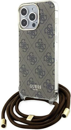 Mbështjellës Guess Crossbody Cord 4G Print për iPhone 15 Pro Max, Kafe