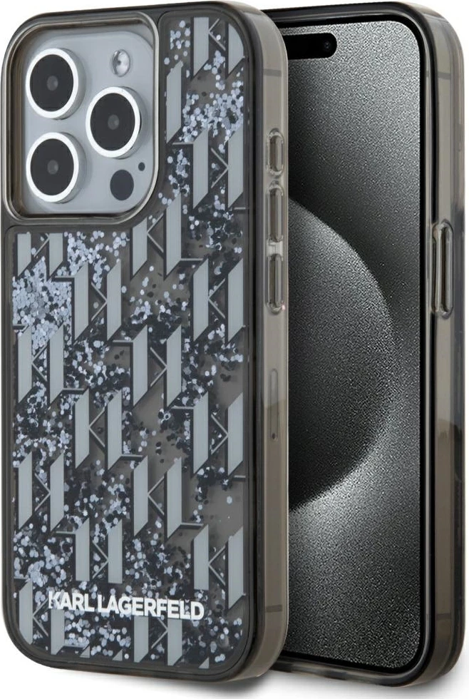Mbështjellës Karl Lagerfeld Liquide Glitter Monogram Gradient për iPhone 15 Pro Max, i zi