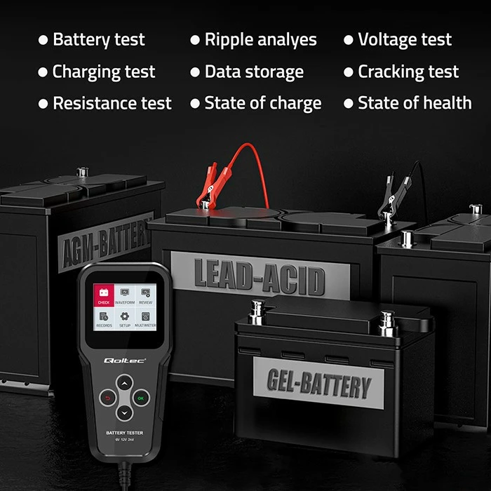 Tester baterie Qoltec 3-në-1, model 52489, LCD, 6V/12V/24V, i zi, me etui
