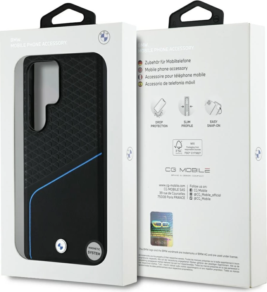 Mbështjellës BMW Leather Textured and Smooth MagSafe për Samsung Galaxy S25 Ultra, i zi