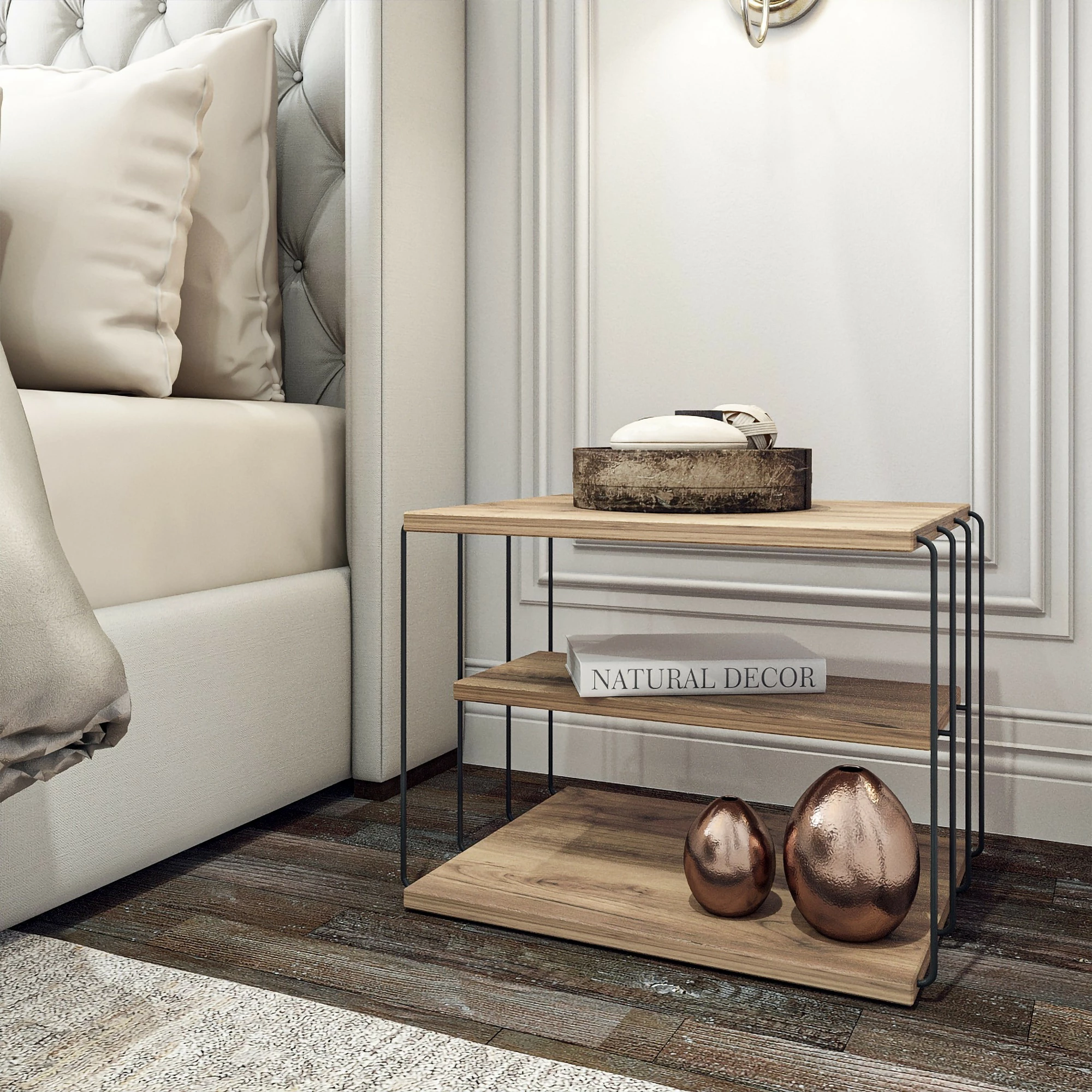 Tavolinë anësore dy-katëshe, ngjyrë Atlantic Pine dhe e zezë, Lifon Hanah Home