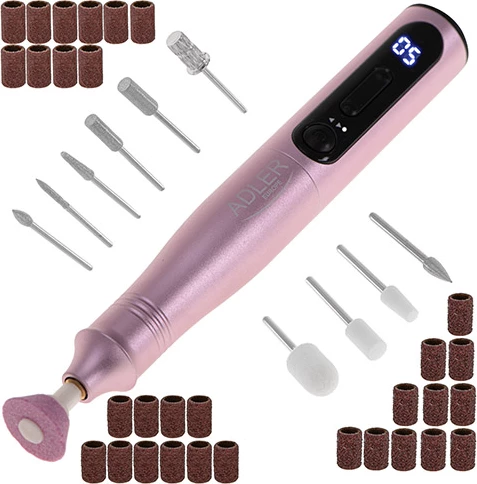 Freze elektrike për thonj, Adler, AD 2181, deri 13500 RPM, 5 shpejtësi, rikarikues USB-C me LED, set 11-në-1, rozë
