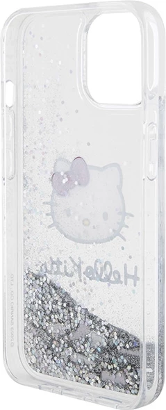 Mbështjellës Hello Kitty Liquid Glitter Charms Kitty Head për iPhone 14, argjend