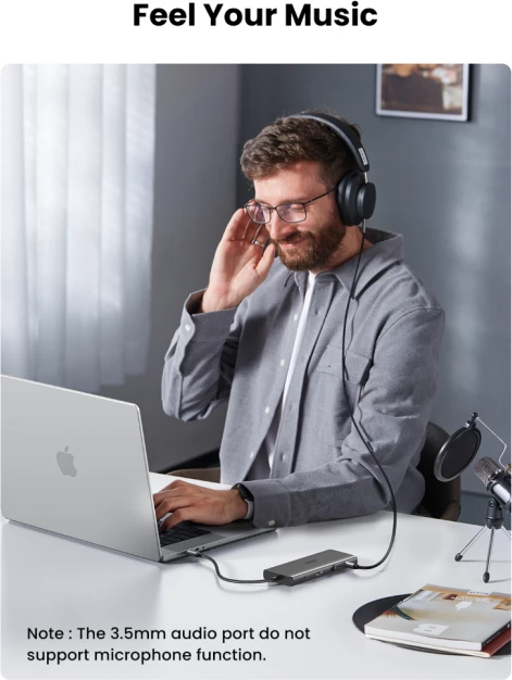 Hub USB-C UGREEN 45520 11-në-1, PD 100W, HDMI 4K@30Hz, VGA, RJ45 Gigabit, SD/TF, AUX 3.5mm, gri e errët