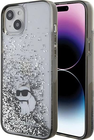Mbështjellës Karl Lagerfeld Liquid Glitter Choupette për iPhone 15 Plus, Transparent, Silver