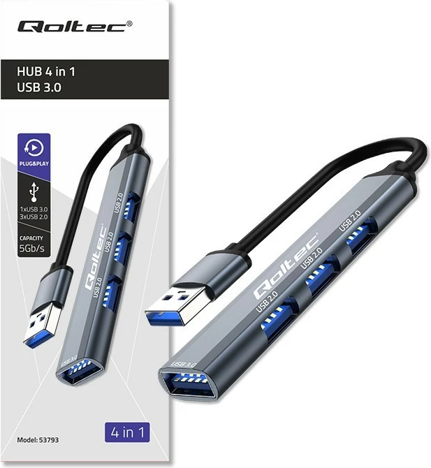 HUB USB Qoltec 4-në-1, model 53793, USB 3.0 + 3x USB 2.0, grafit