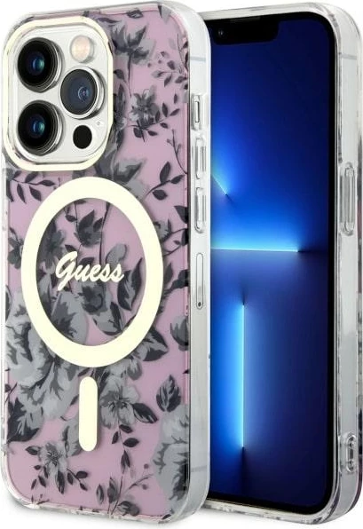 Mbështjellës Guess GUHMP14LHCFWSP për iPhone 14 Pro 6.1", Flower MagSafe, rozë