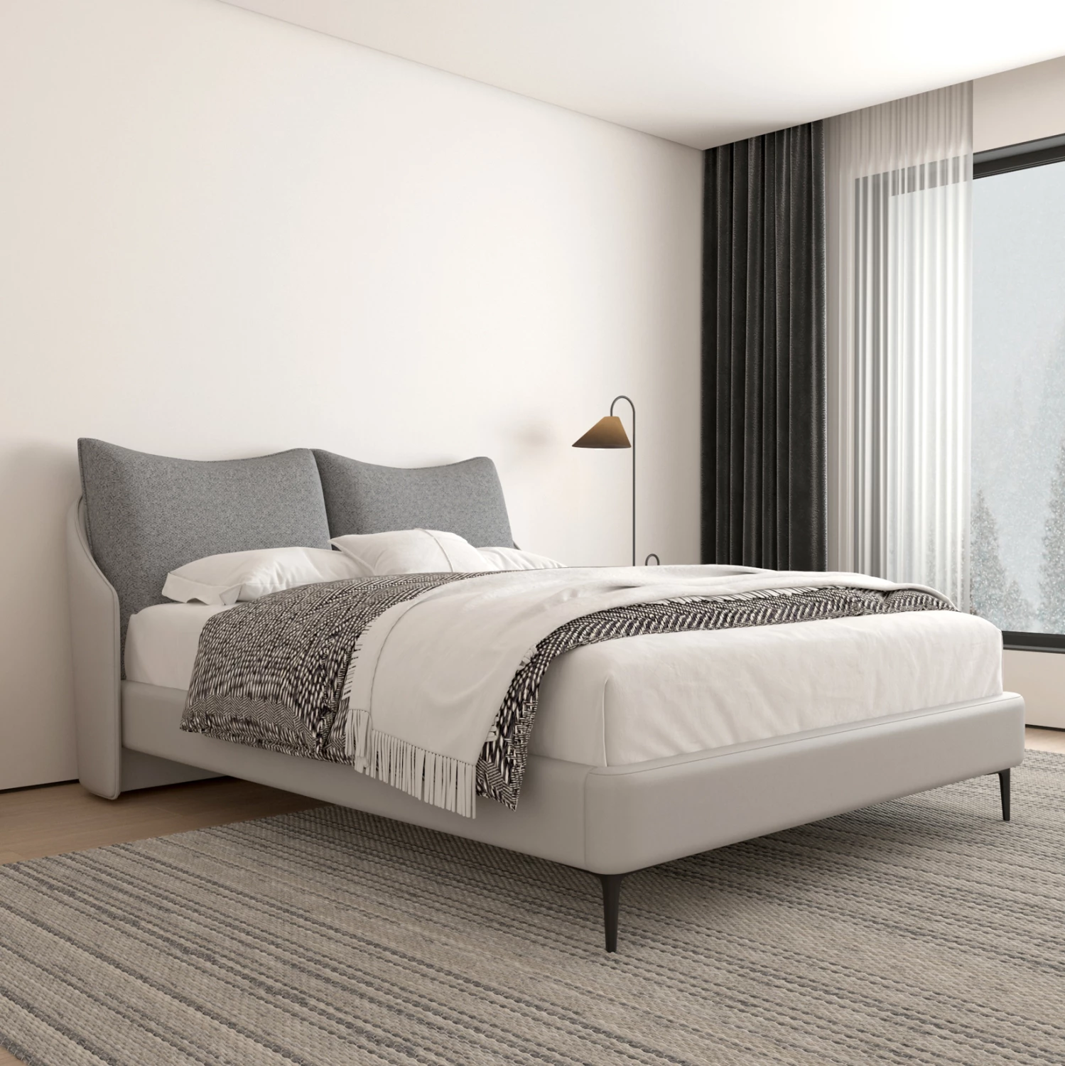 Krevat dopio Brittania, material stof & PVC, ngjyrë gri, këmbë metalike të zeza, për dyshek 160x200cm