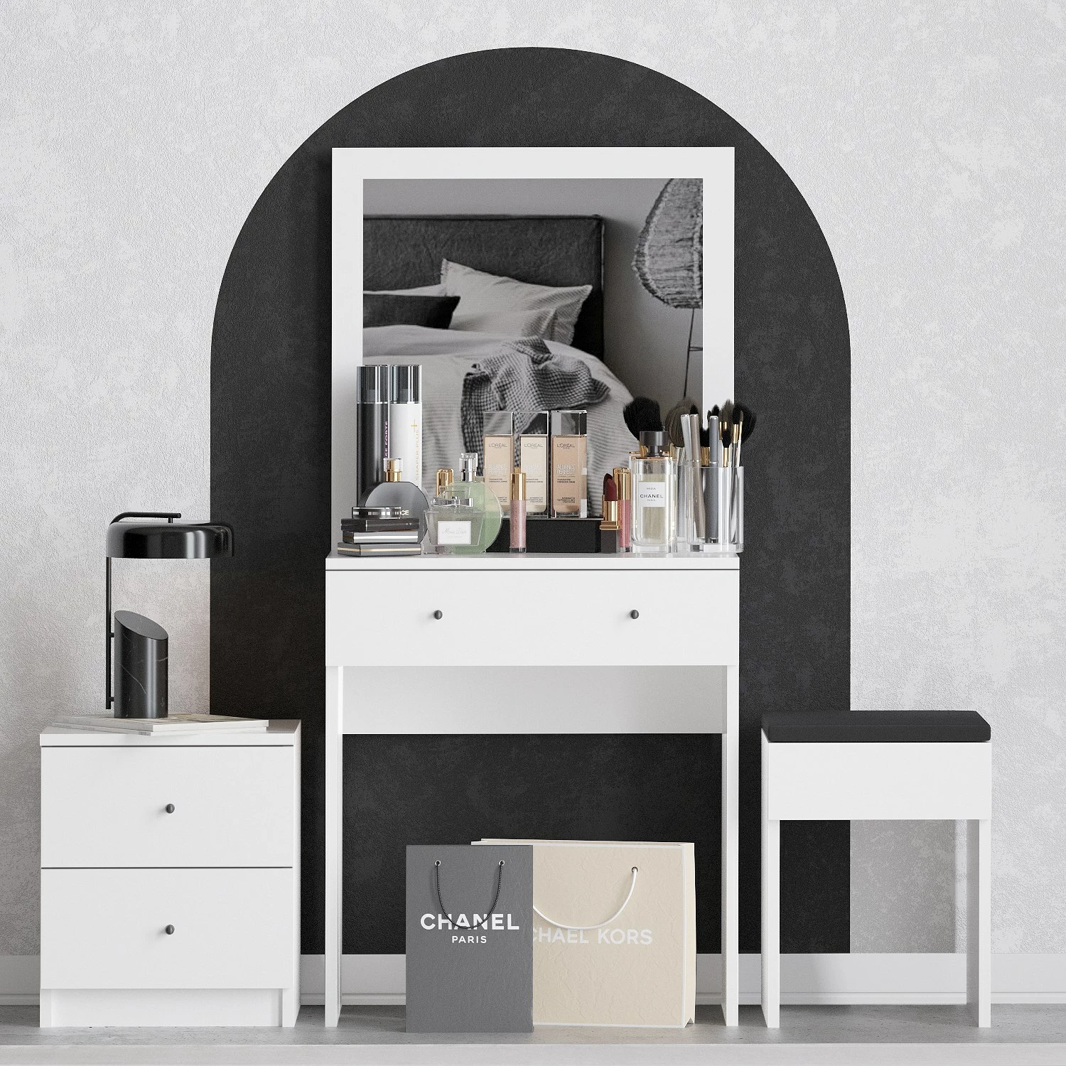 Tavolinë grimi Skye Decor, e bardhë, me komodinë dhe karrige