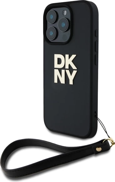 Mbështjellës DKNY Wrist Strap Stock Logo për iPhone 16 Pro, i zi
