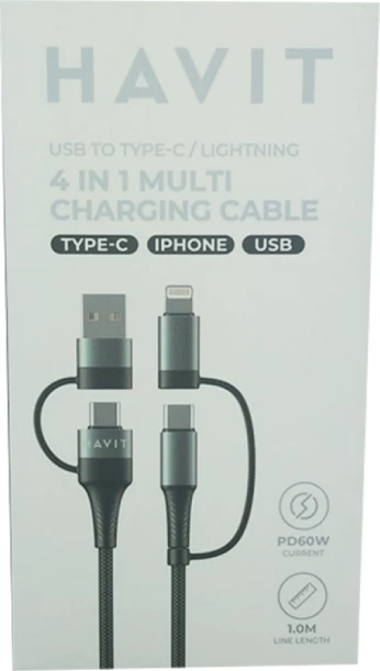 kabllo karikimi 4-në-1 HAVIT HV-CB6244, 1m, 60W PD (USB/USB-C në USB-C/Lightning)