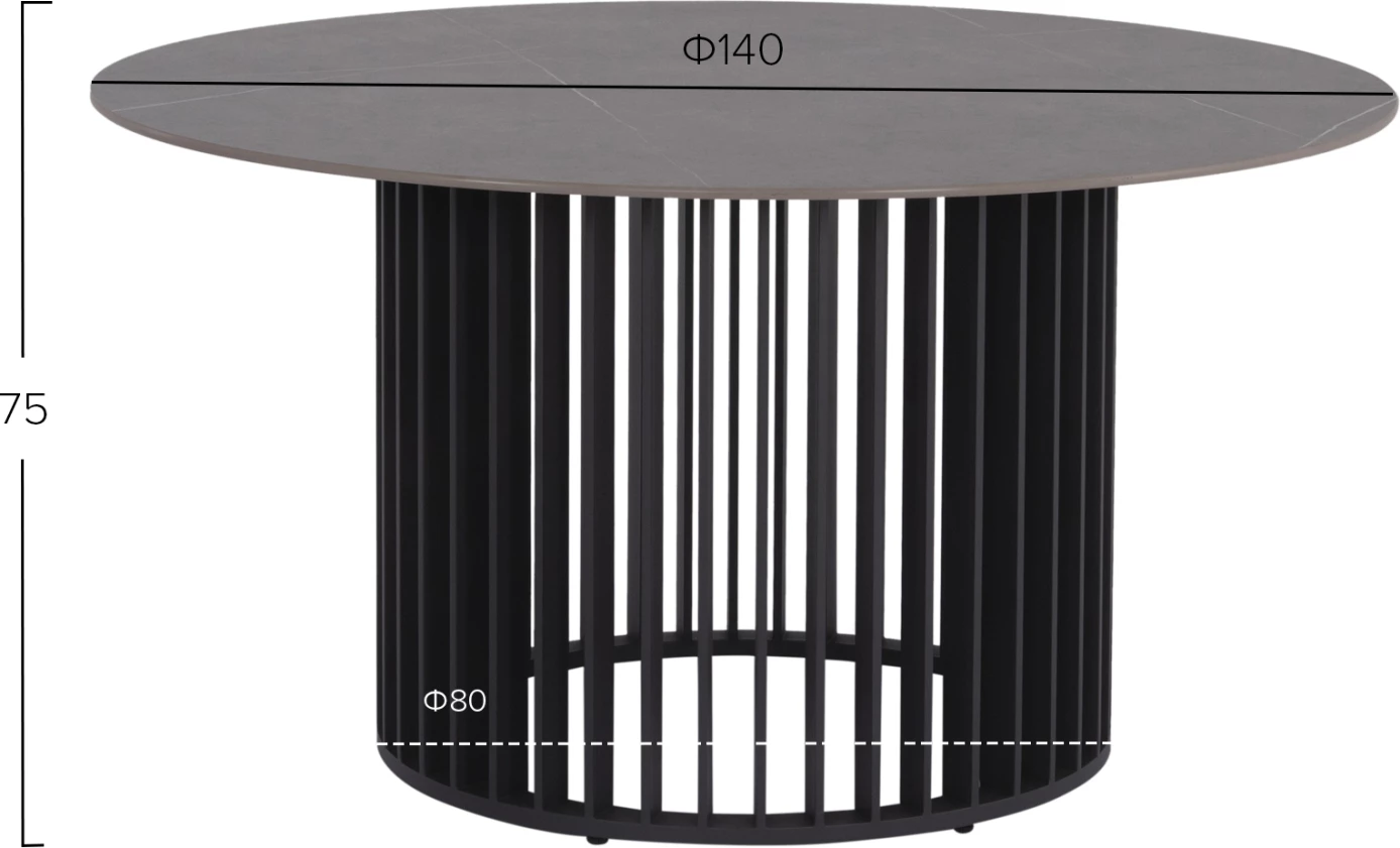 Tavolinë e rrumbullakët për jashtë, alumini anthracite, sipërfaqe gur sinterizuar, pamje mermeri gri, Φ140cm, ETERNITY CD6177