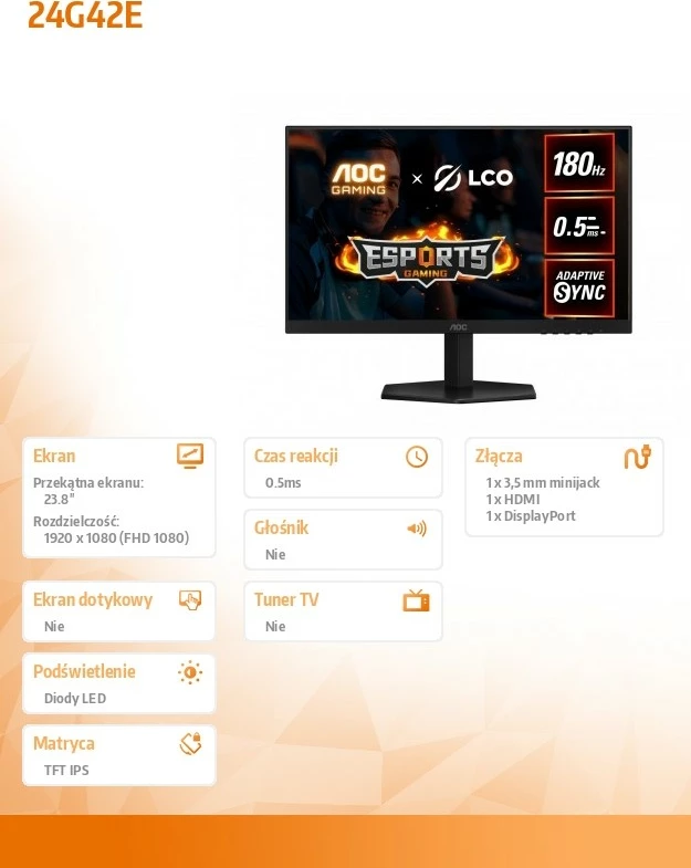 Monitor gaming AOC 24G42E, 23.8", Fast IPS, 180Hz, 0.5ms, FHD, i zi/kuq