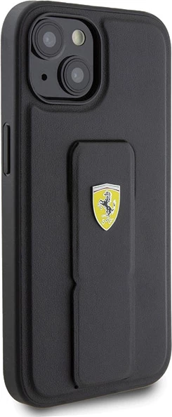 Mbështjellës Ferrari Grip Stand Metal Logo për iPhone 15, i zi
