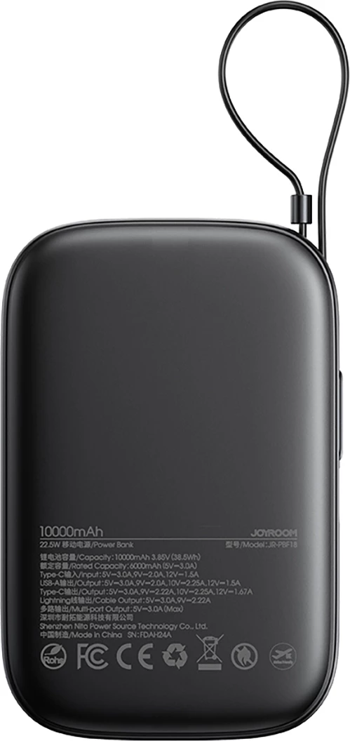 Powerbank Joyroom JR-PBF18, 10000mAh, 22.5W, me kabllo Lightning të integruar + kabllo USB-C 25cm, e zezë
