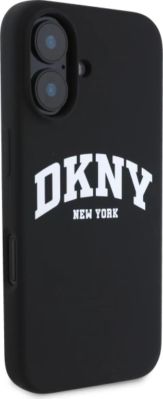 Mbështjellës DKNY Silicone White Printed Logo MagSafe për iPhone 16, i zi