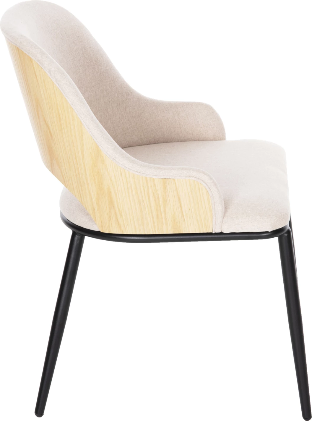 Karrige ngrënieje DELF FH9617.02, pëlhurë bezhë, këmbë metali të zeza, shpinë druri ngjyrë lisi, 48x55x76 cm, set prej 2 copë