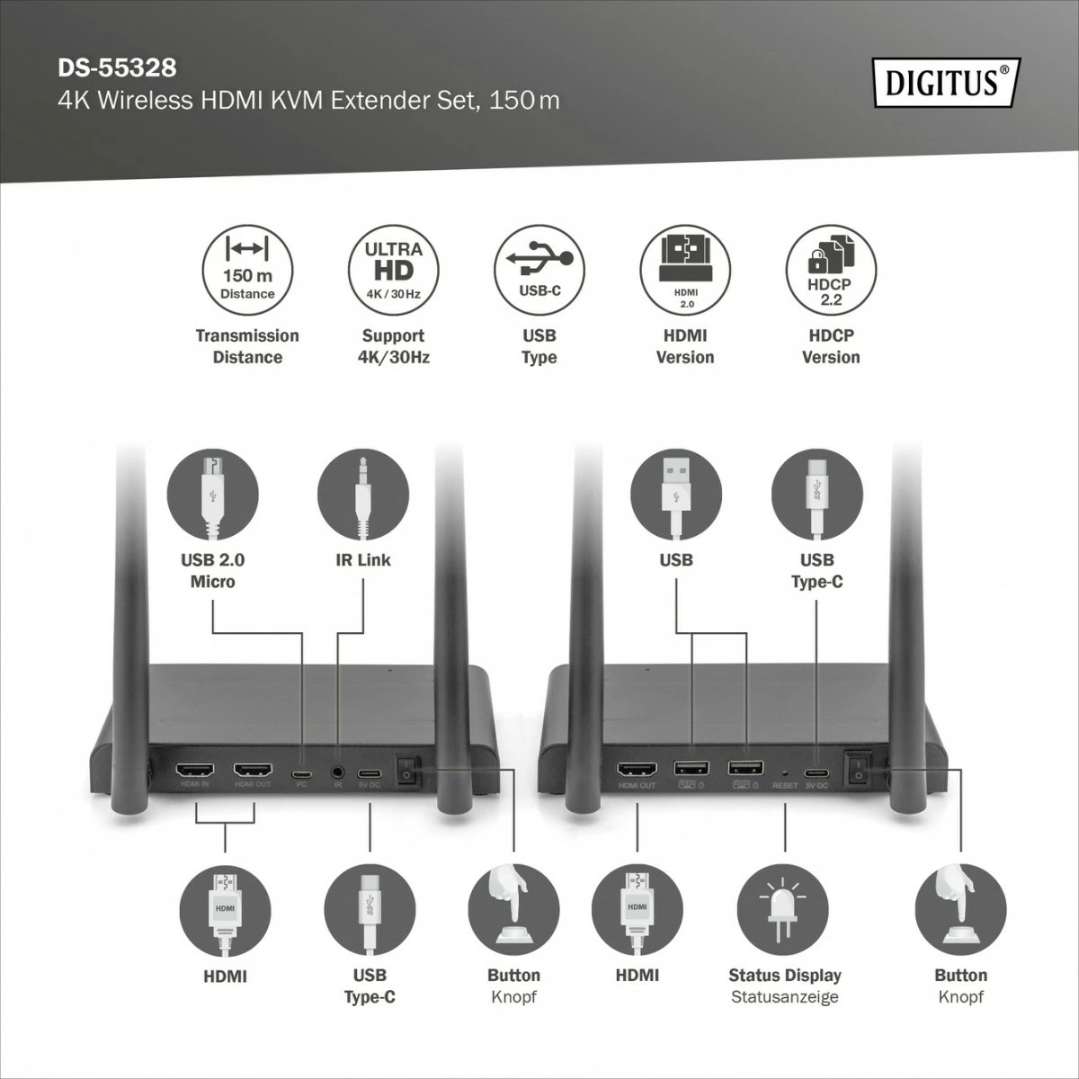 Set wireless HDMI+USB KVM Digitus DS-55328, 150m, UHD 4K60Hz, i zi