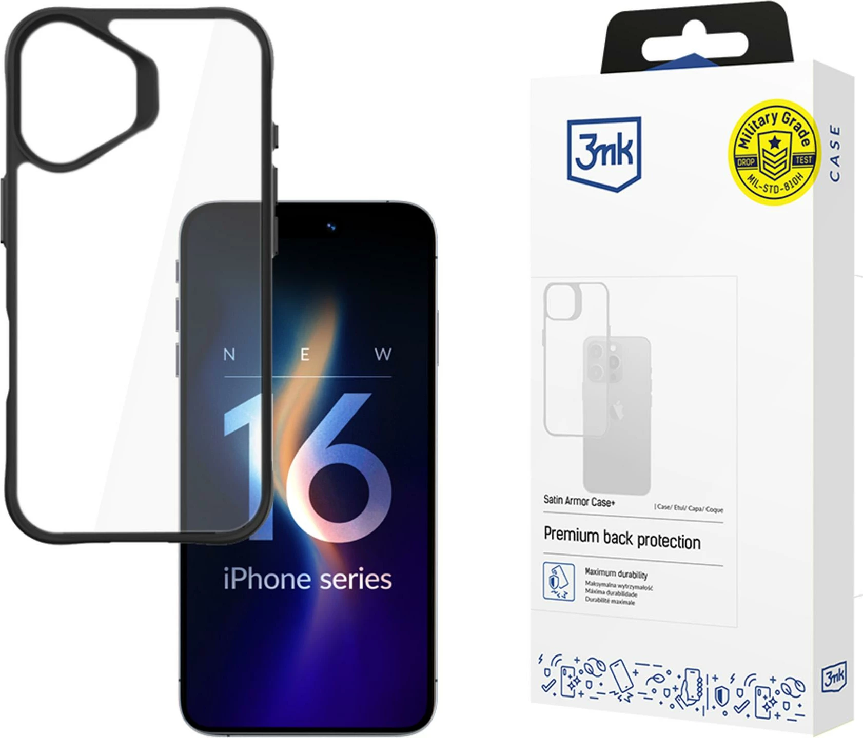 Mbështjellës 3mk Satin Armor Case+ për iPhone 16 Plus, Transparent me kornizë të zezë