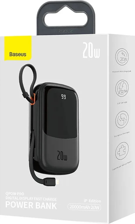 Powerbank Baseus Qpow PRO 20000mAh, 20W, me kabllo Lightning, USB-C dhe USB, e zezë