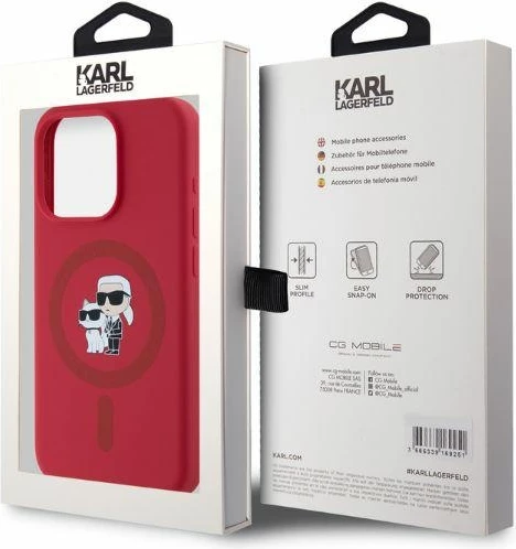 Mbështjellës Karl Lagerfeld Silicone Karl&Choupette Heads Ring MagSafe për iPhone 15 Pro, Kuq