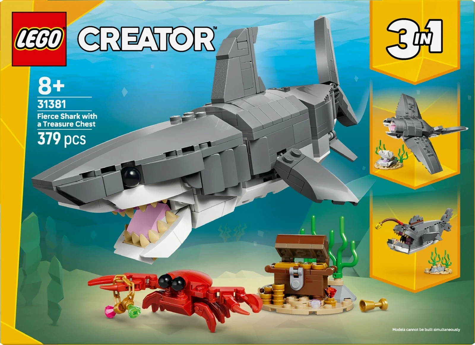 Set blloqe LEGO Creator 3‑in‑1 31381, peshkaqen dhe arkë thesari, 379 pjesë, 8+