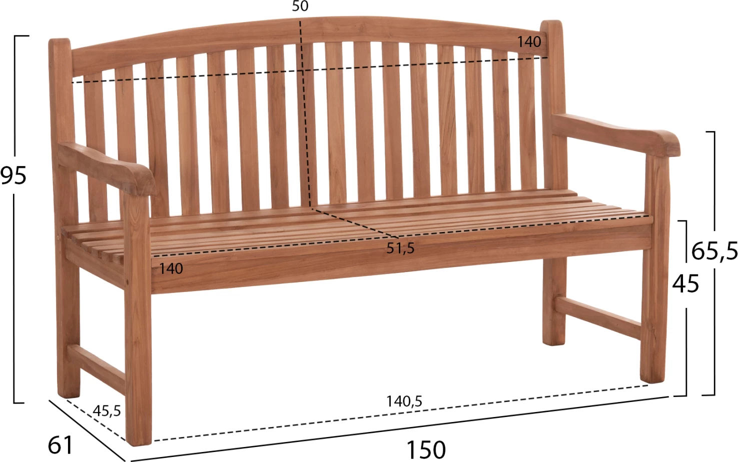 Bankë për jashtë, 3 vende, dru tik, ngjyrë natyrale, ELENA FH18125, 150x61x95cm