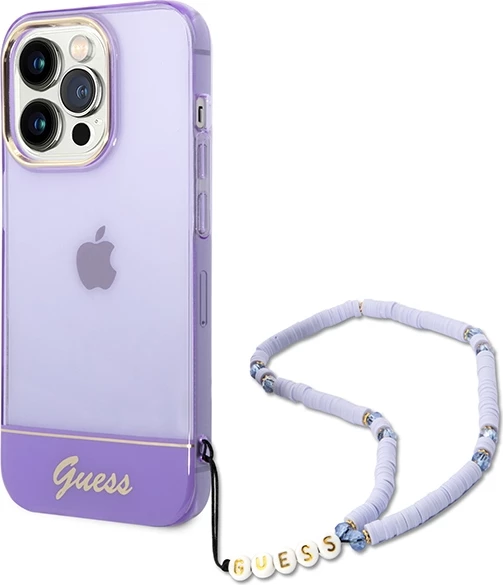 Mbështjellës Guess GUHCP14LHGCOHU për iPhone 14 Pro 6.1", Translucent Pearl Strap, vjollcë