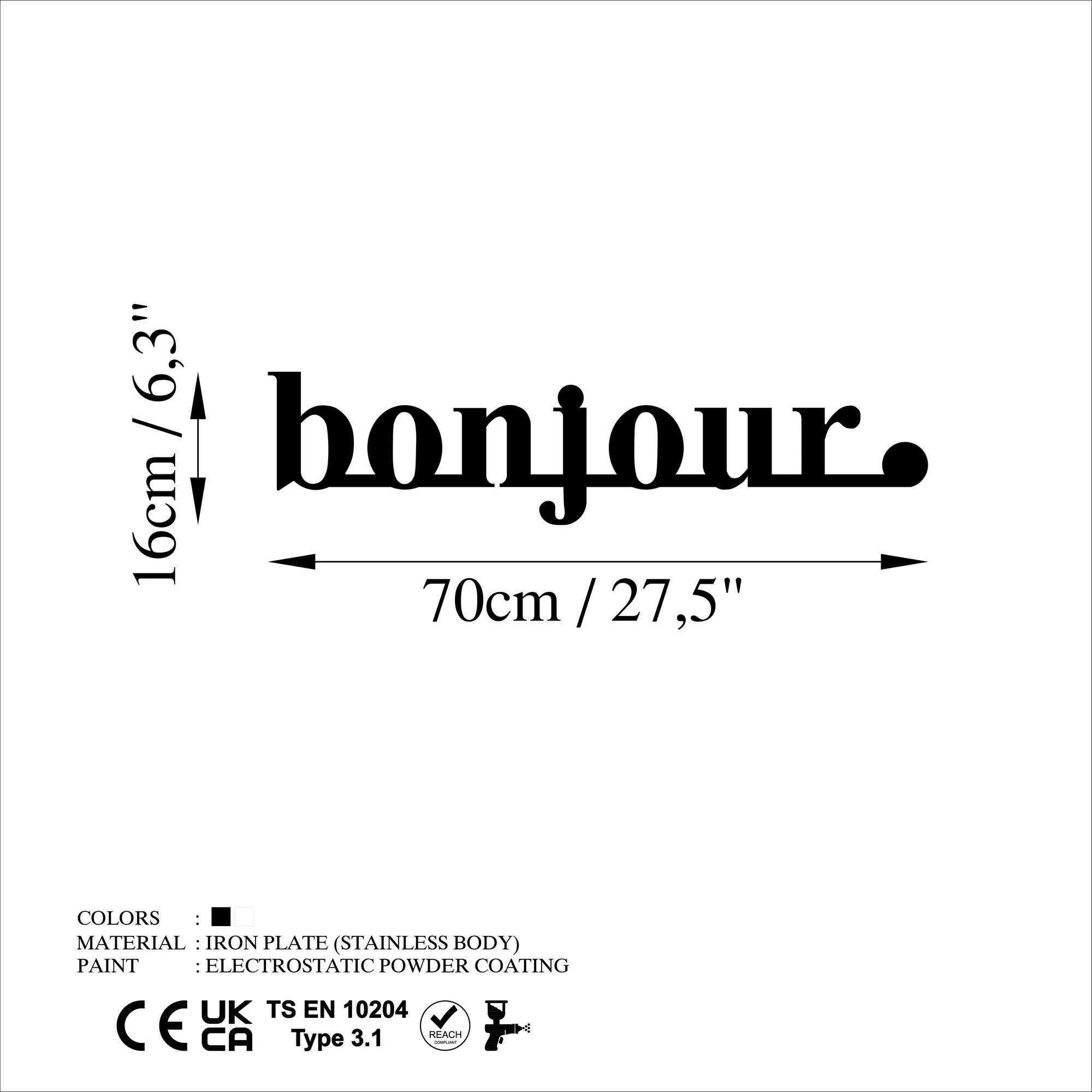 Aksesor dekorativ metalik për mur, Wallity, Bonjour, ngjyrë e zezë, 70x16cm