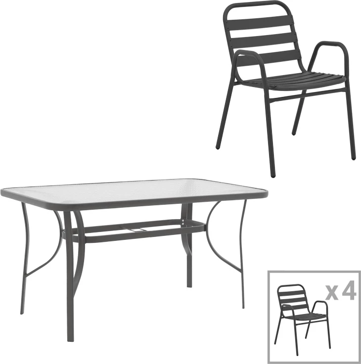 Tavolinë me karrige Ensure-Sussie, metal-xham, ngjyrë gri e errët, 140x80x70cm, 5 copë