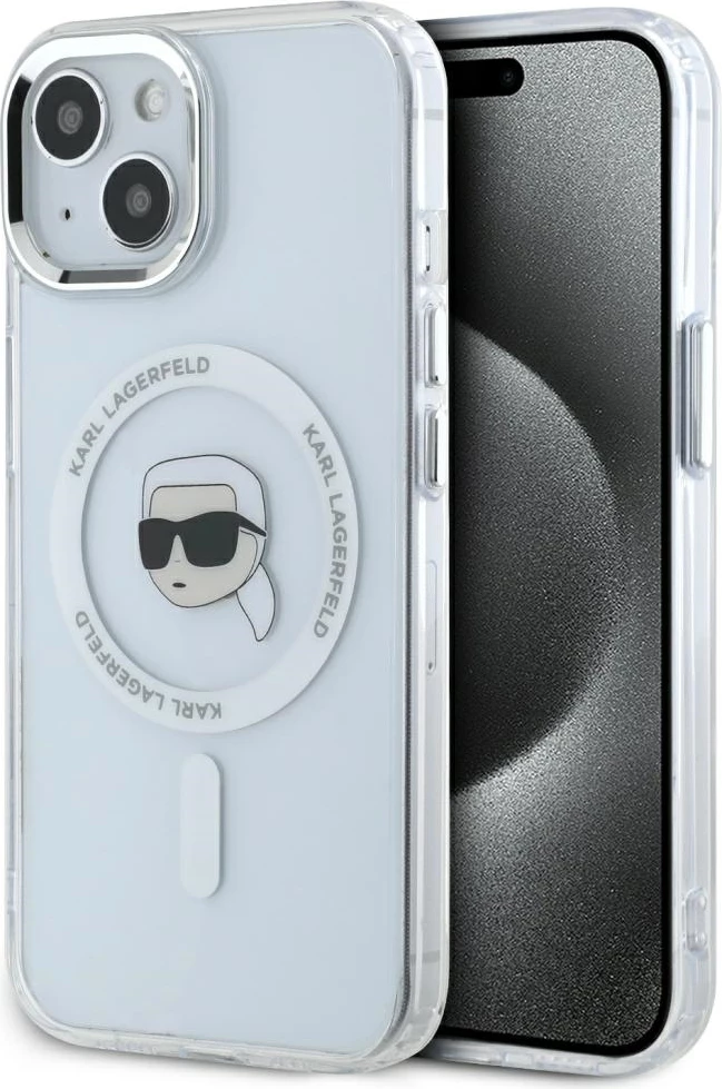 Mbështjellës Karl Lagerfeld IML Metal Karl Head MagSafe për iPhone 15, Bardhë