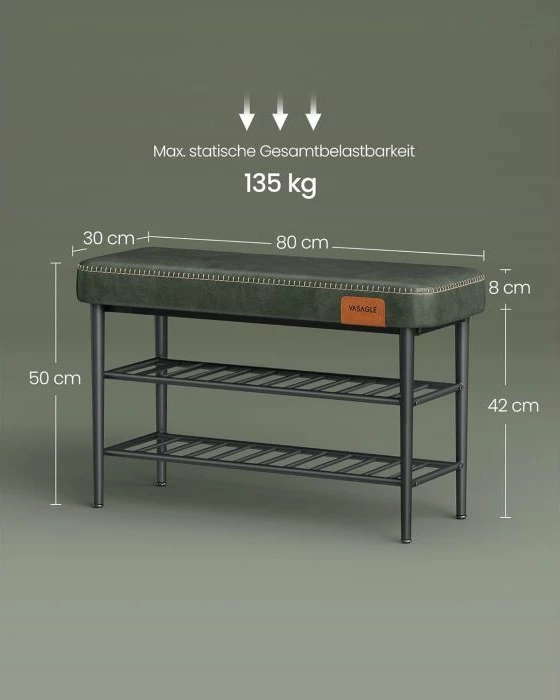 Bankë këpucësh VASAGLE EKHO LSB054CH01, lëkurë artificiale, mbajtje deri 135 kg, 30 x 80 x 50 cm, jeshile pylli