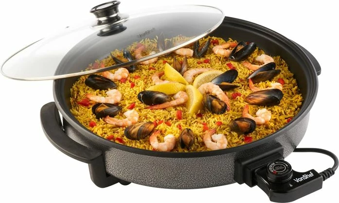 tigan elektrik VONSHEF 2007031, 42cm, 1500W, 5 nivele temperature, kapak qelqi, rrethor, zi/gri (me adapter UK/EU)